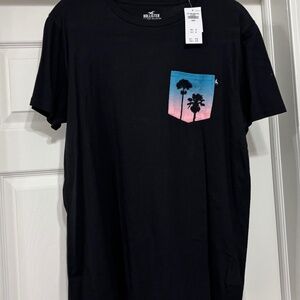 NEW Hollister Black With Multi Color Tree Print Pocket Tee Size L